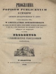 Programma popisów publicznych uczniów Liceum Krakowskiego S. Anny z roku szkolnego 1841/42 w Amfiteatrze Nowodworskim od dnia 18 do 31 lipca 1842 roku, z rana od godziny 8 do 12, a po południu od godziny 3 do 7méj odbywać się mających na które prorektor i zgromadzenie professorów zapraszją